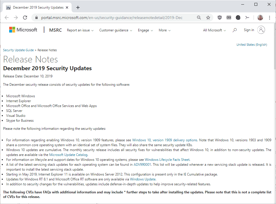 microsoft windows security updates december 2019