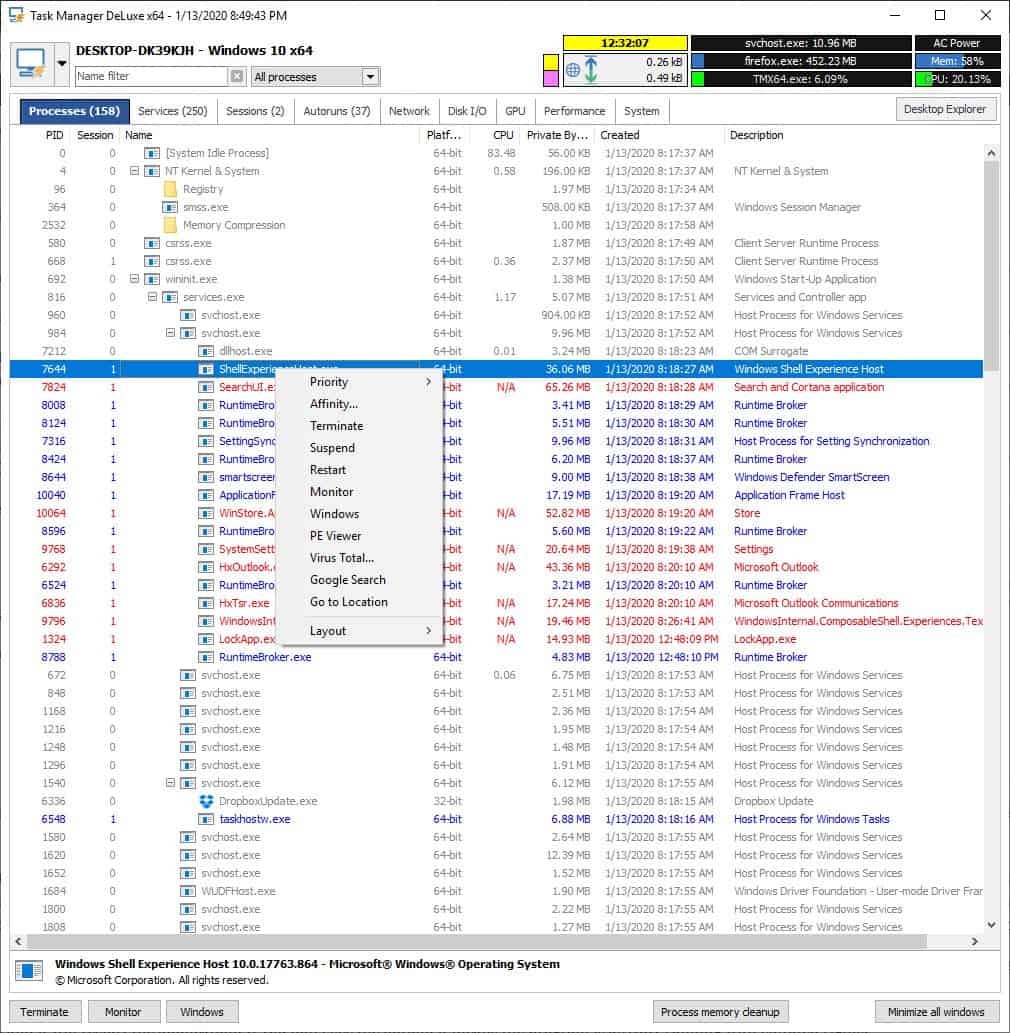 MiTec Task Manager DeLuxe context menu