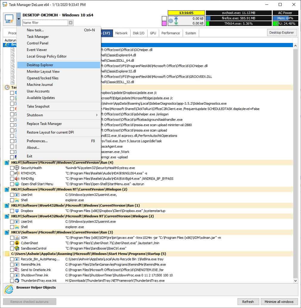 MiTec Task Manager DeLuxe menu options