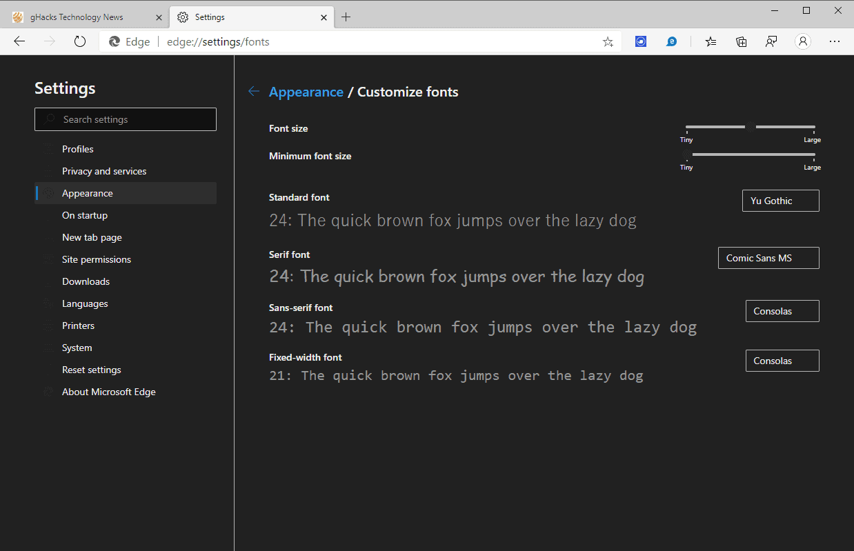 microsoft edge change fonts