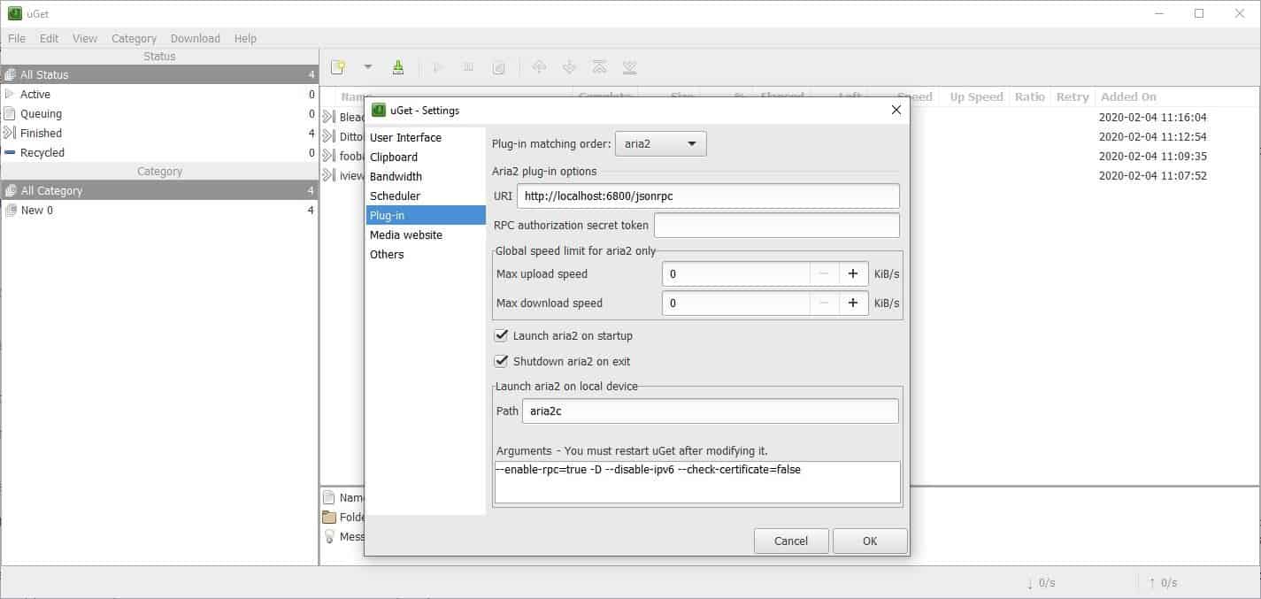 uGet aria2 plugin enable