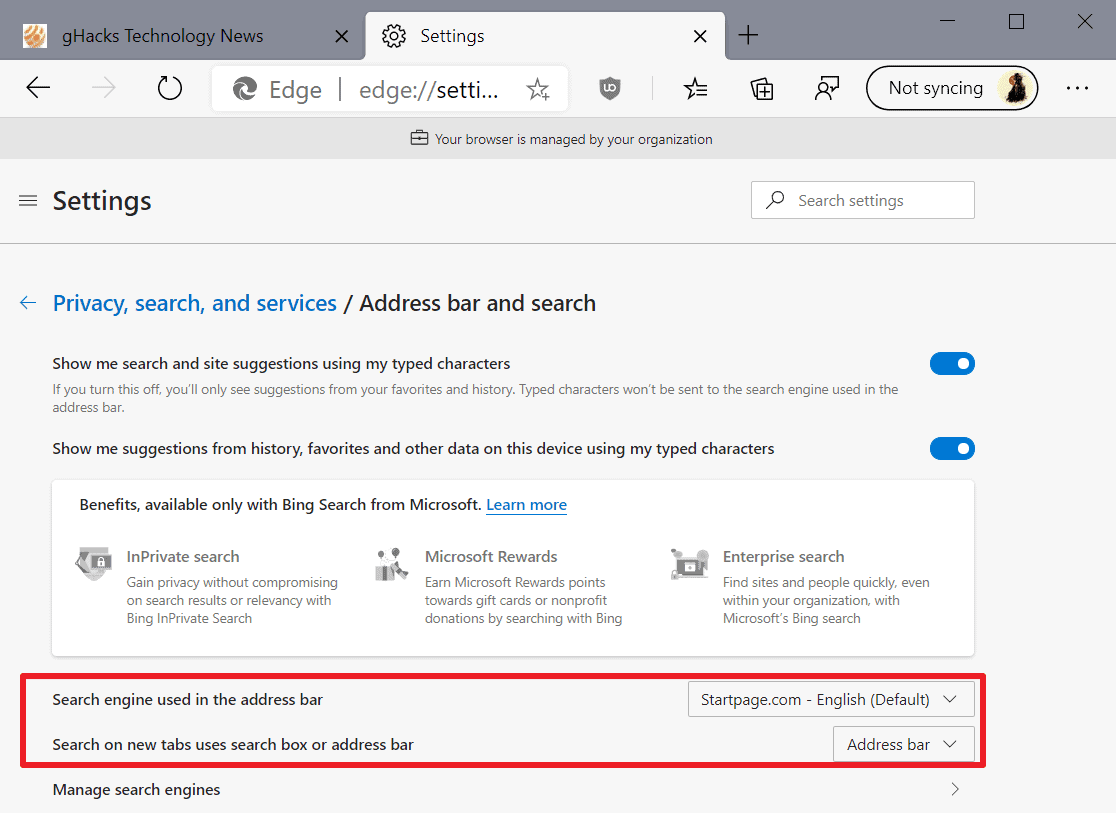 microsoft edge change search engine new tab page