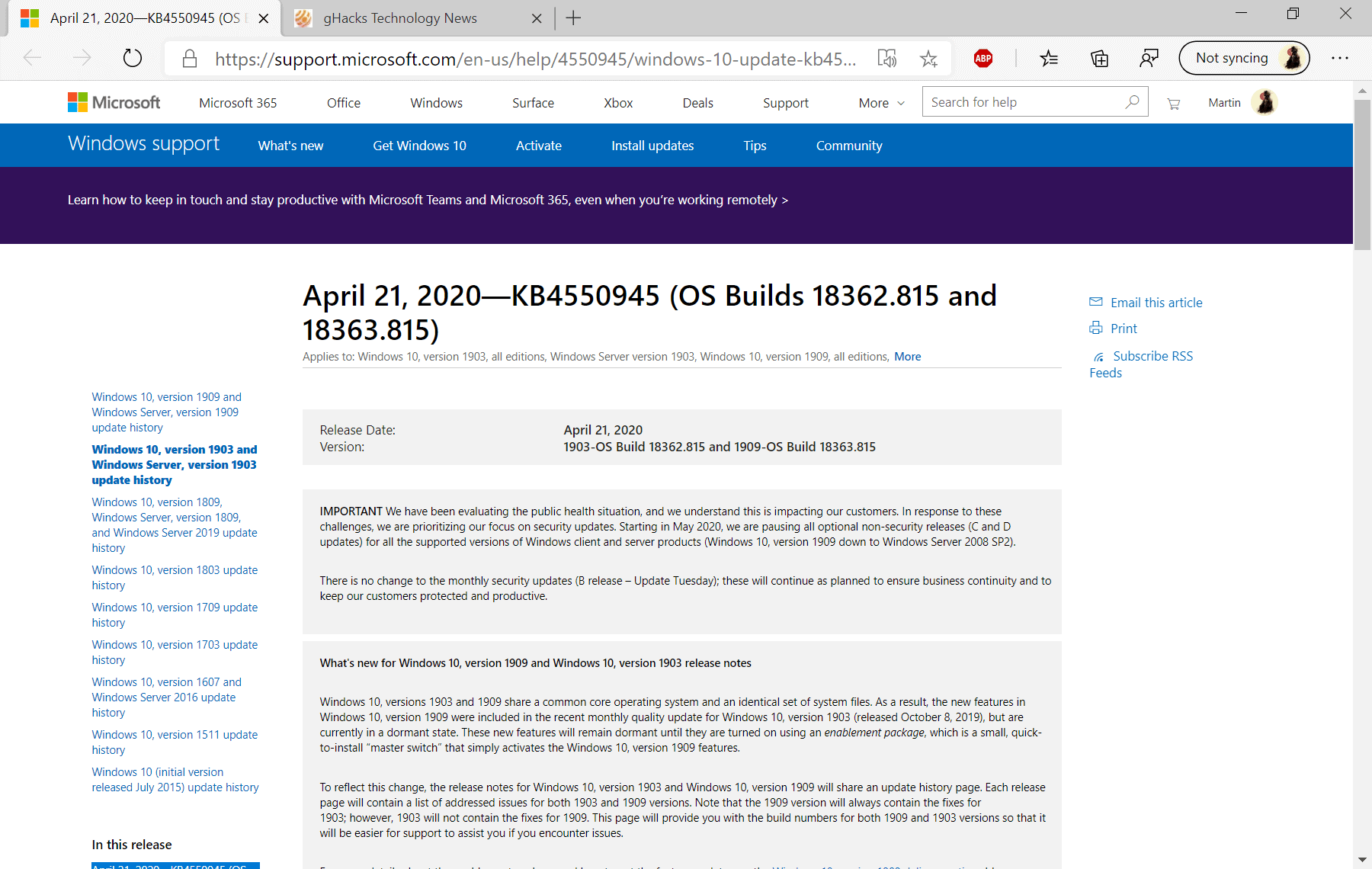 Microsoft releases KB4550945 for Windows 10 version 1903 and 1909