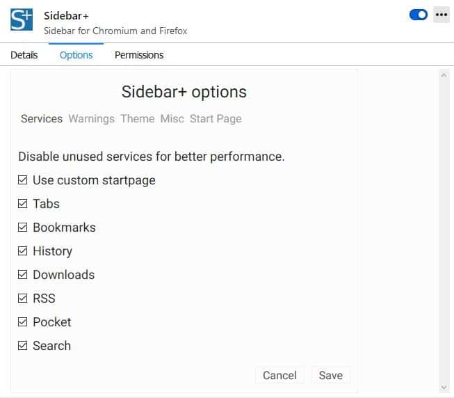 Sidebar+ options
