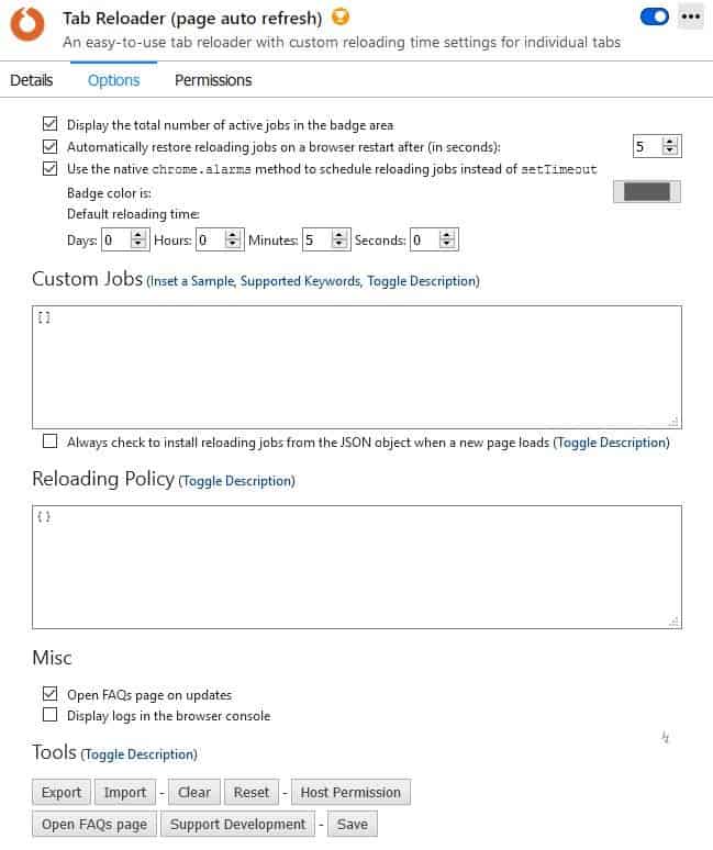 Tab Reloader add-on options