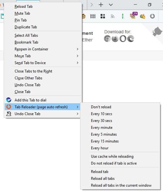 Tab Reloader tab bar right click menu