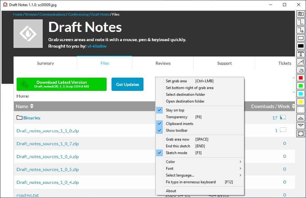 draft notes context menu