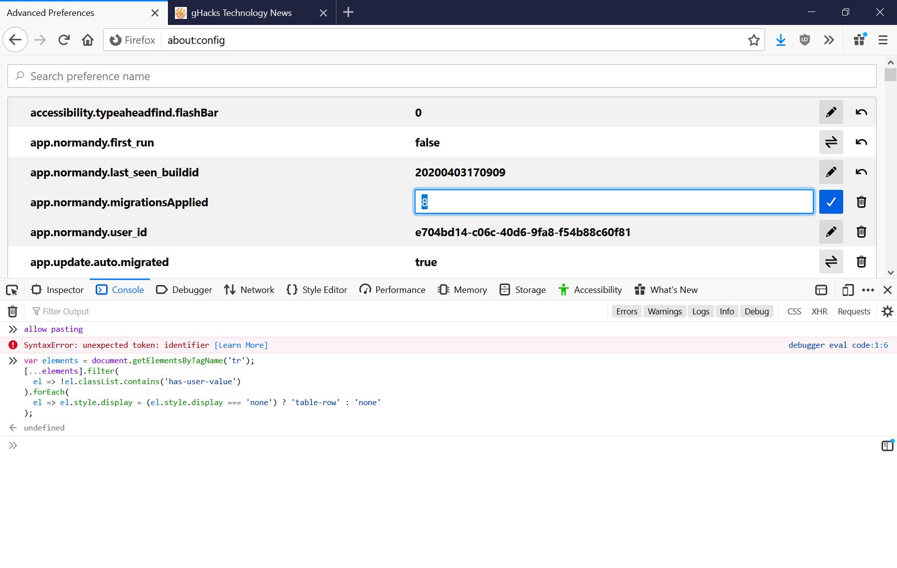 How to display only modified preferences on about:config in Firefox