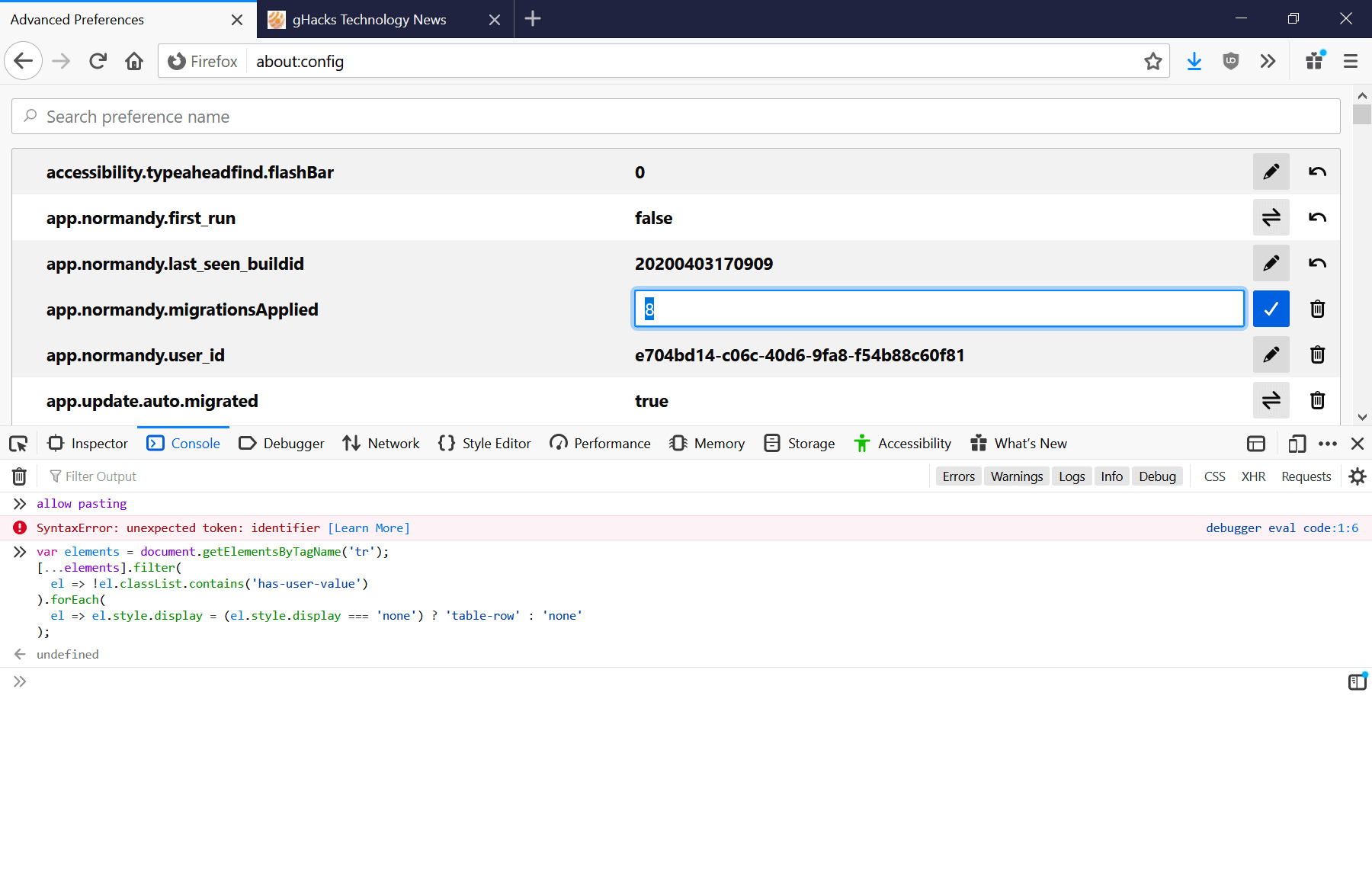 firefox-list all modified preferences