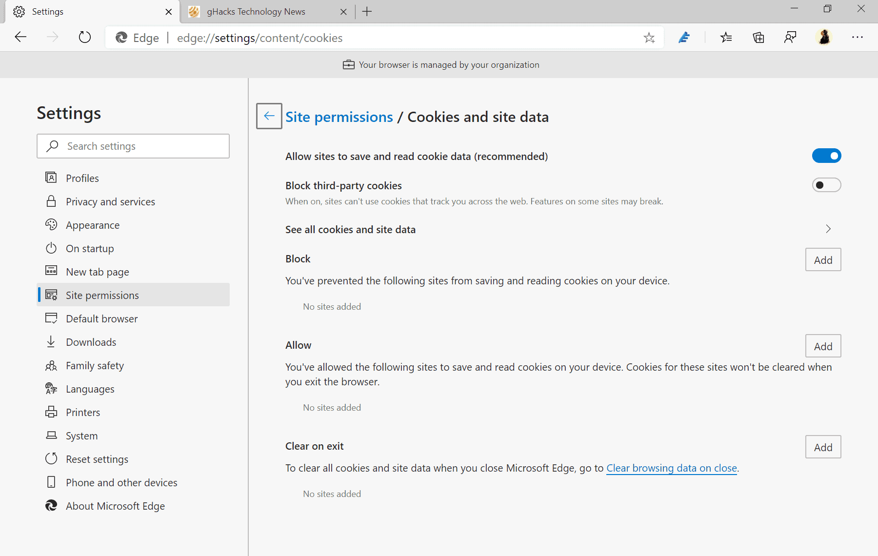 microsoft edge cookies exceptions