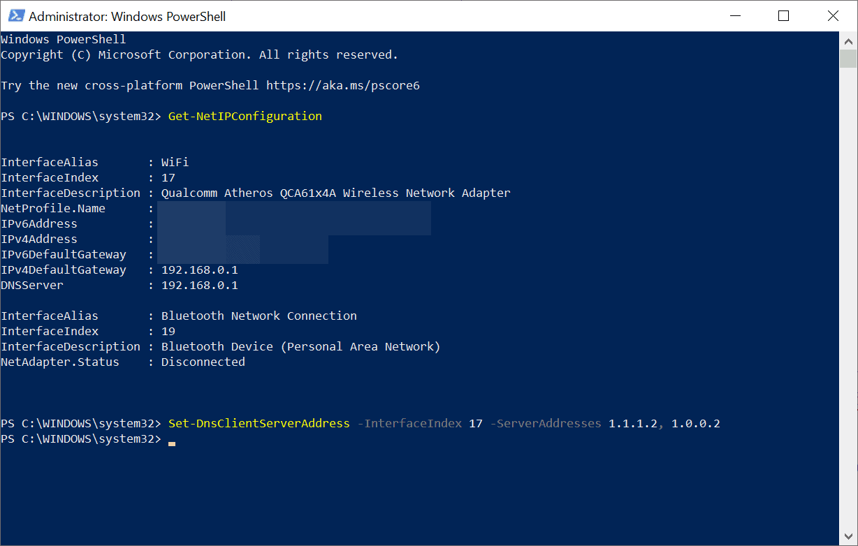 powershell change dns