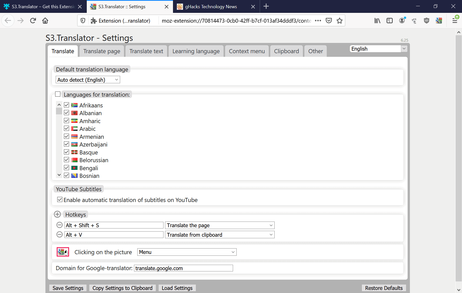 s3 translator firefox settings