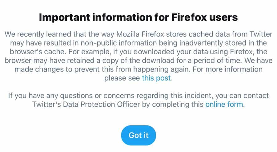Firefox may have stored personal Twitter data in its cache