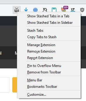 Tab Stash toolbar button menu