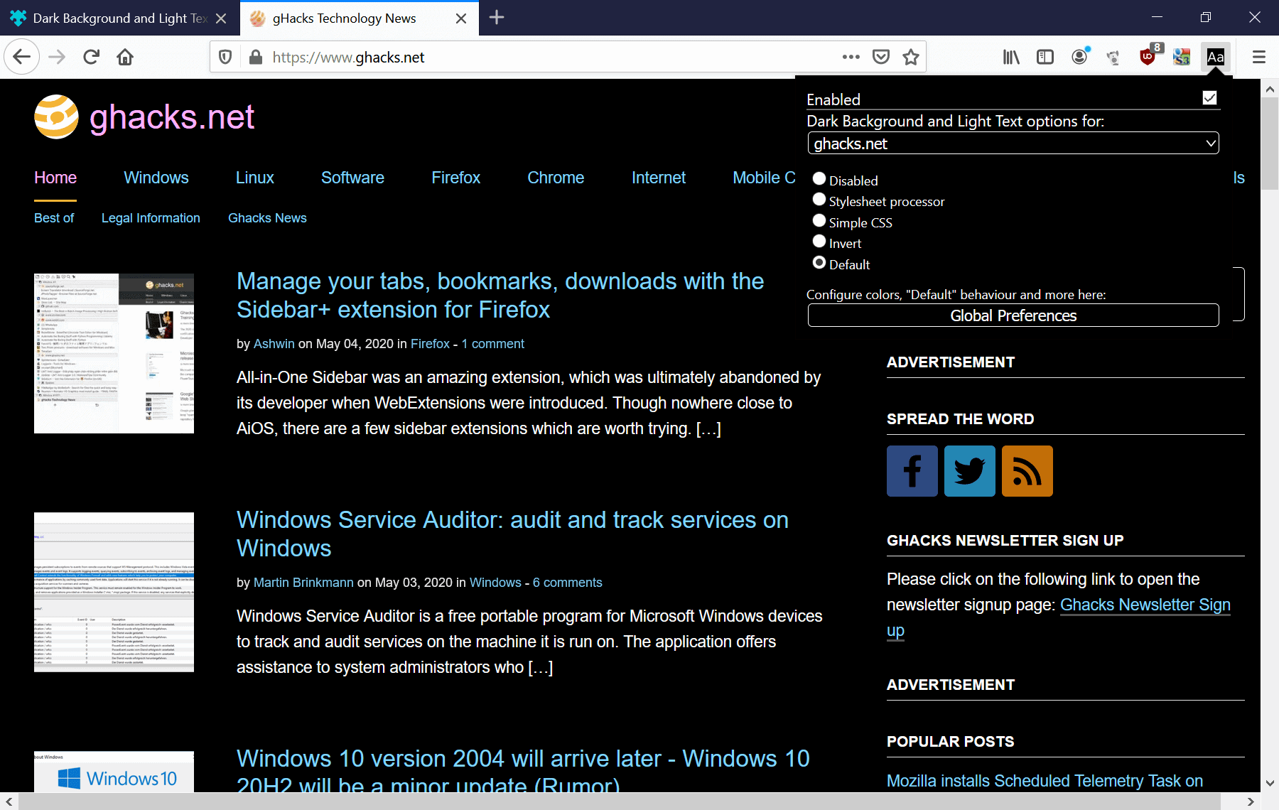 dark background light text firefox