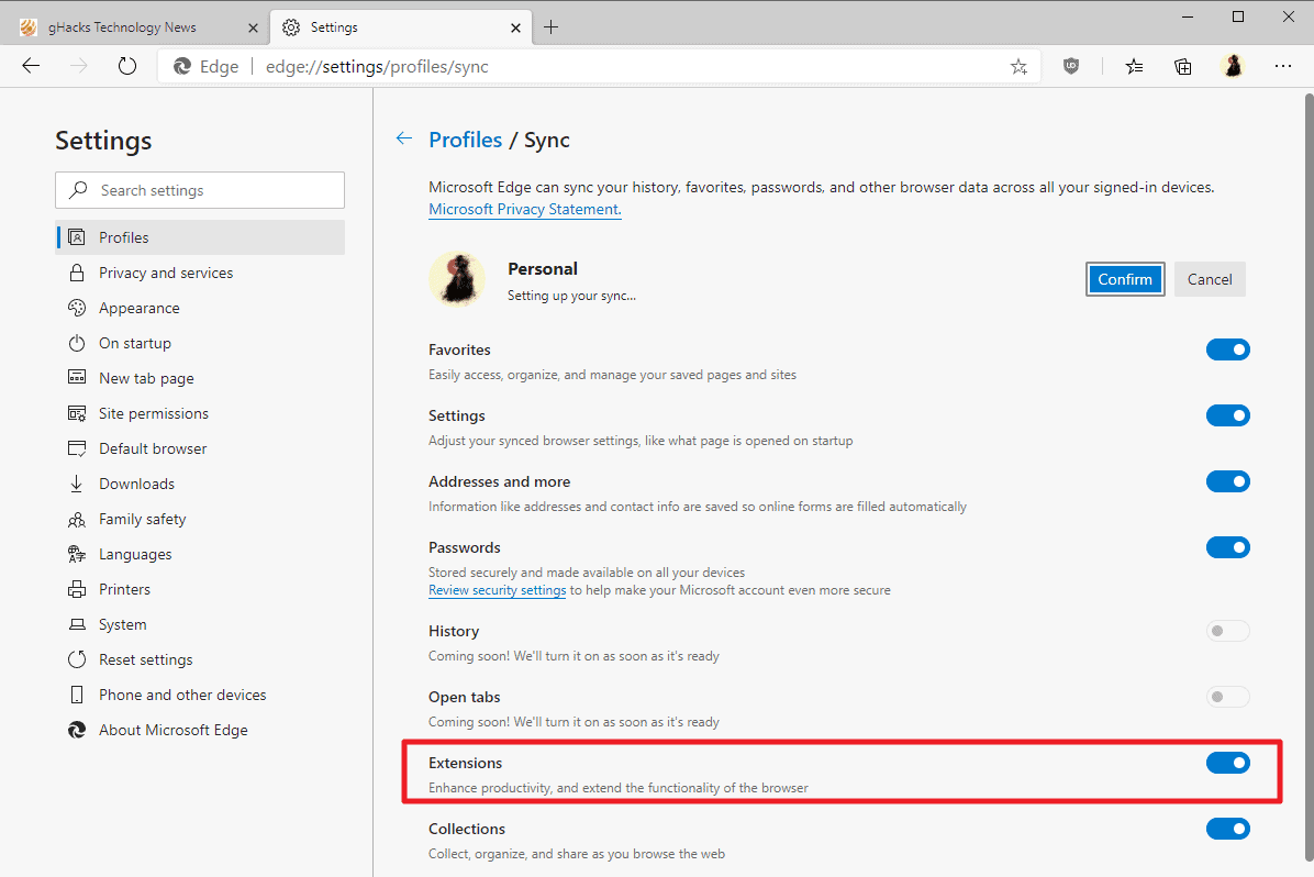 microsoft edge extensions sync