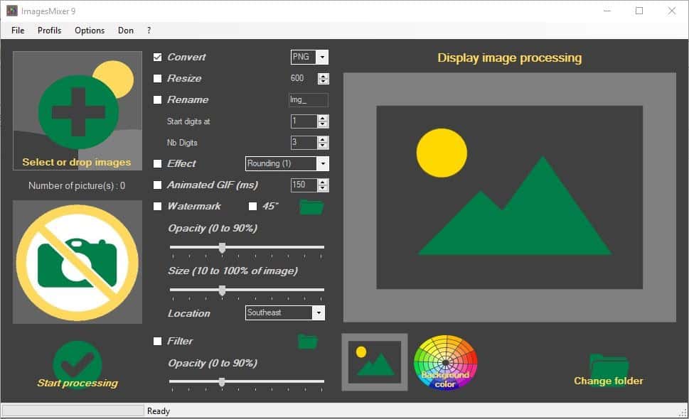ImagesMixer is a freeware batch image converter, renamer, watermark tool