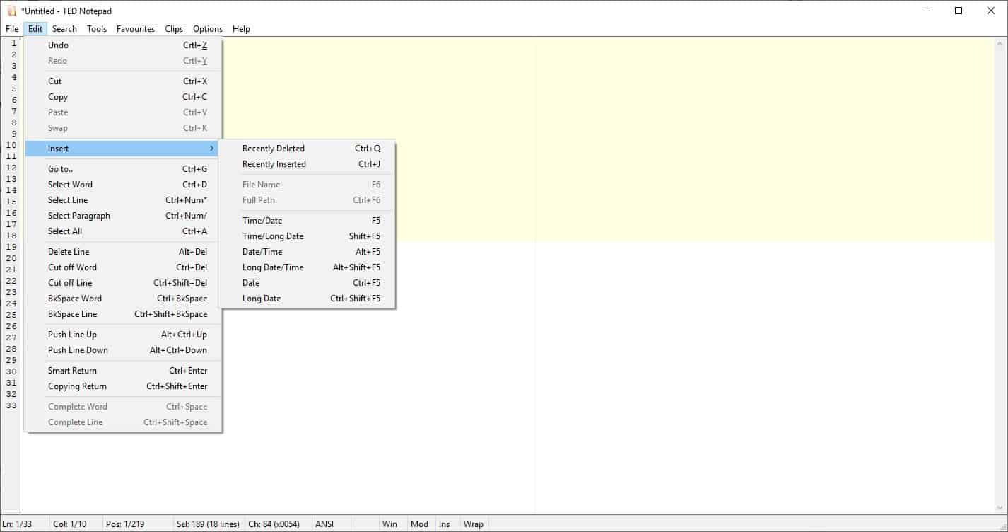 TED Notepad Edit menu