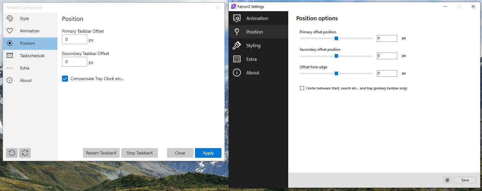 TaskbarX vs FalconX position