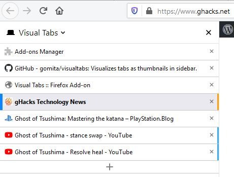 Visual Tabs - это расширение Firefox, которое помещает прокручиваемый список вкладок на боковой панели.