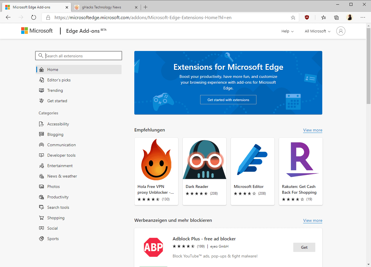 The Microsoft Edge extension store is finally getting some traction -  gHacks Tech News