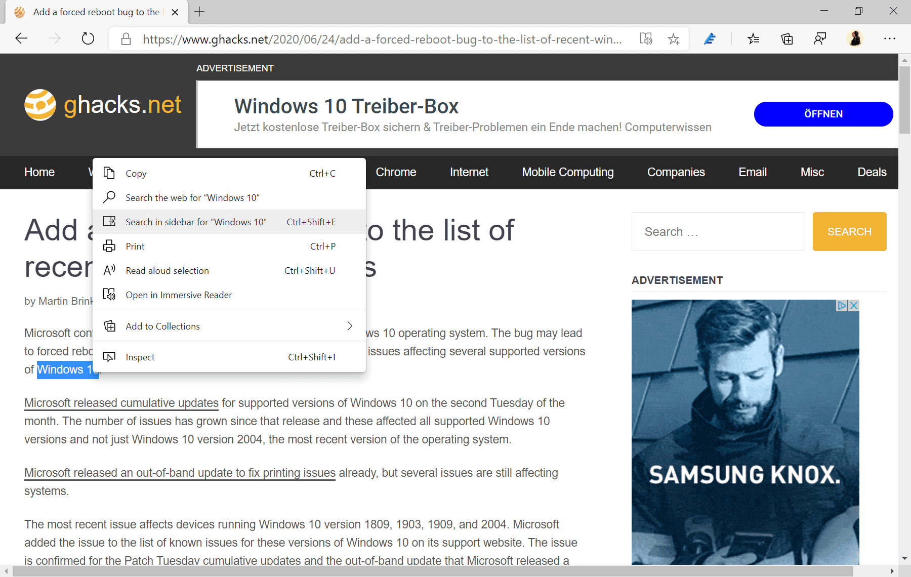 microsoft edge search in- idebar