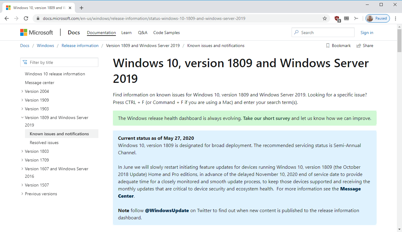 Windows 10 versión 1809 actualización forzada
