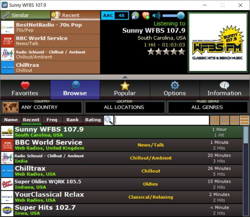 Listen to online radio stations with VRadio; a portable application for Windows