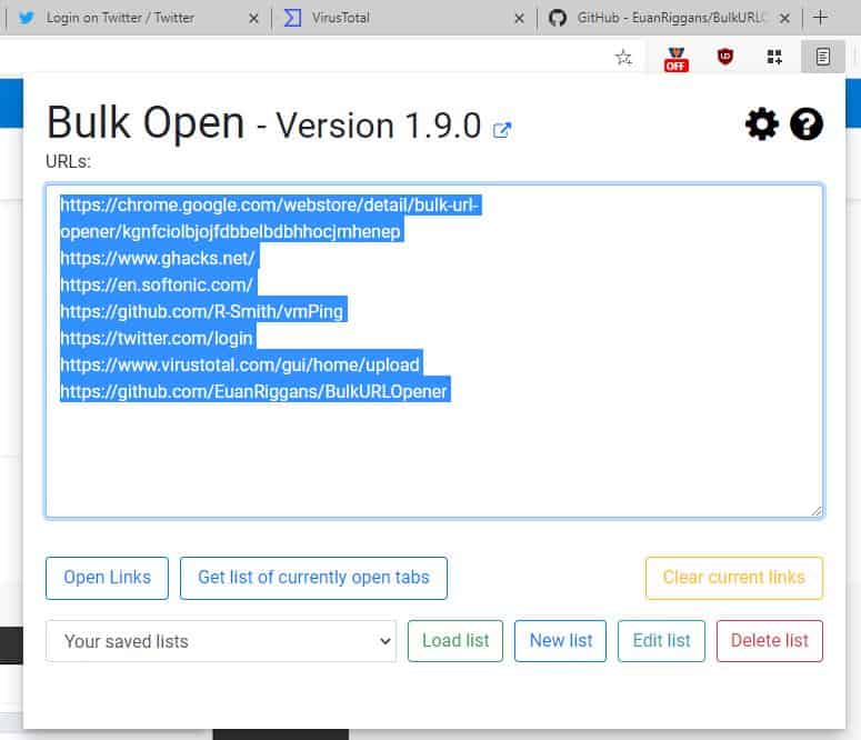 Open a list of webpages in one go with the Bulk URL Opener extension for Firefox and Chrome