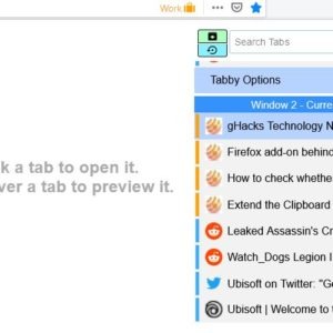 View tab previews, save and restore sessions with the Tabby - Window & Tab Manager extension for Firefox