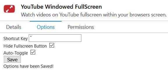 YouTube Windowed FullScreen add-on settings