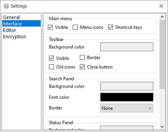 Crypto Notepad settings interface