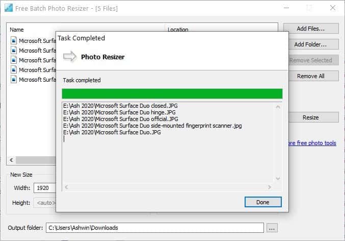 Free Batch Photo Resizer task completed