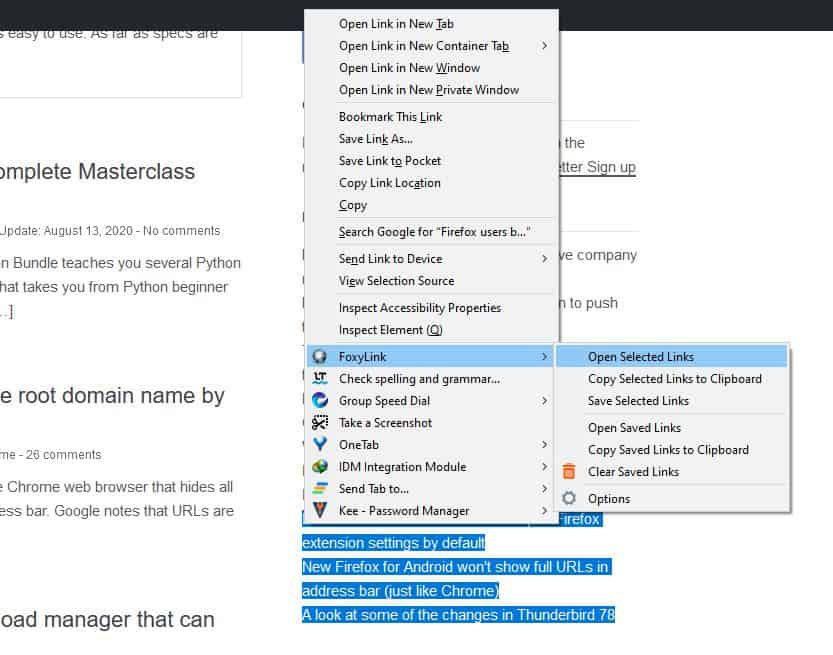 Open multiple links from selected text or copy them to the clipboard with the FoxyLink extension for Firefox