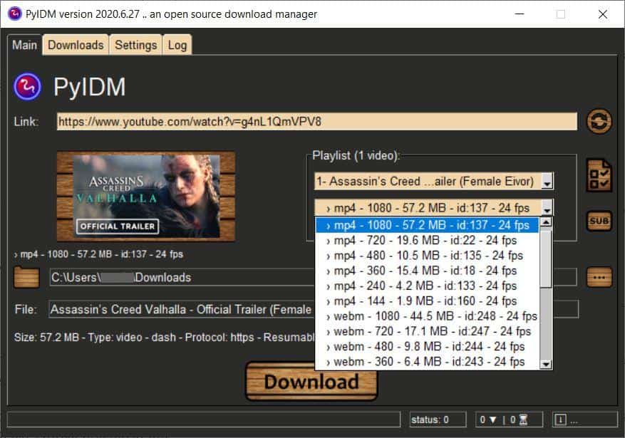 PyIDM video download