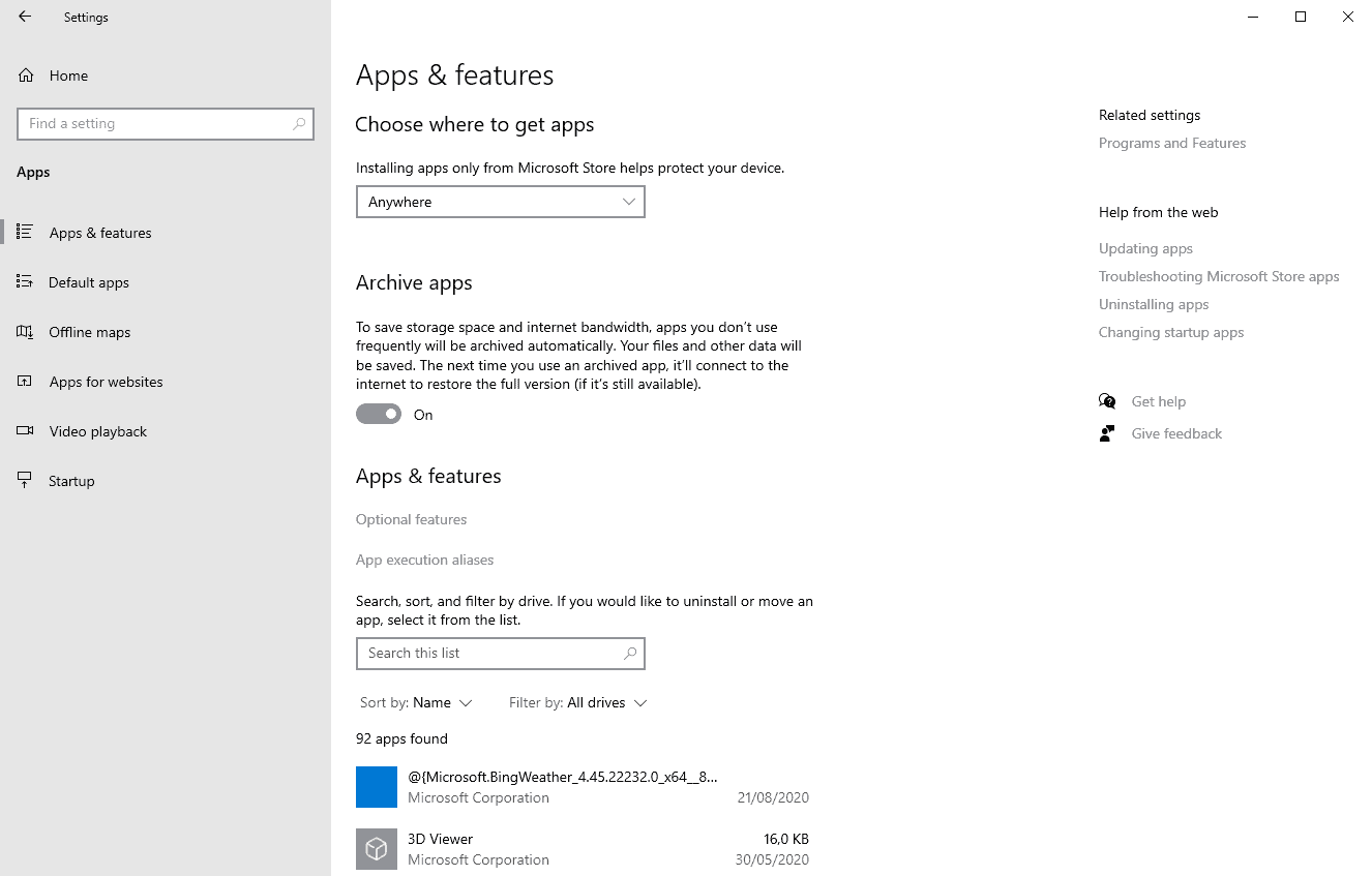 archived apps windows 10