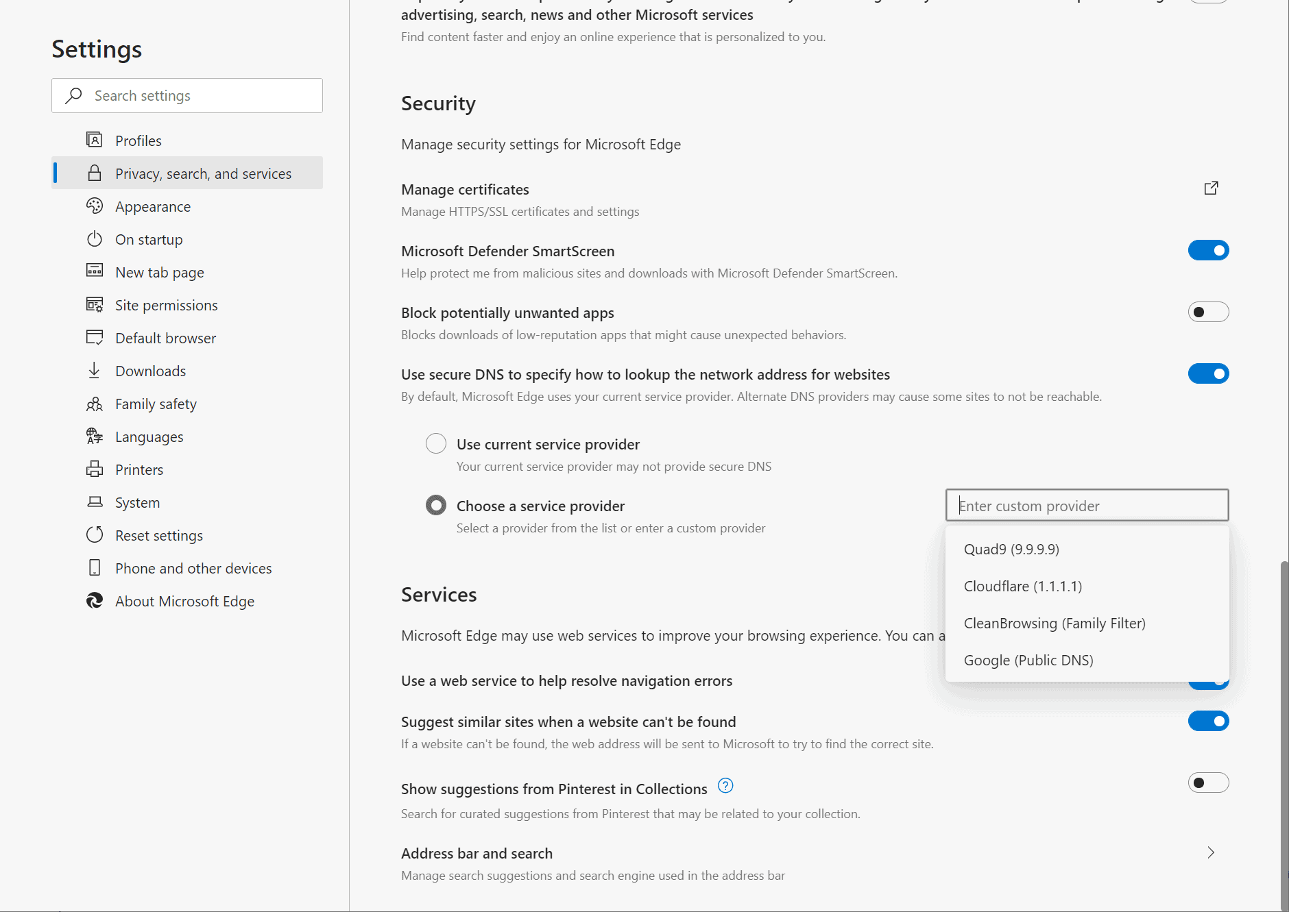 edge-select secure dns provider