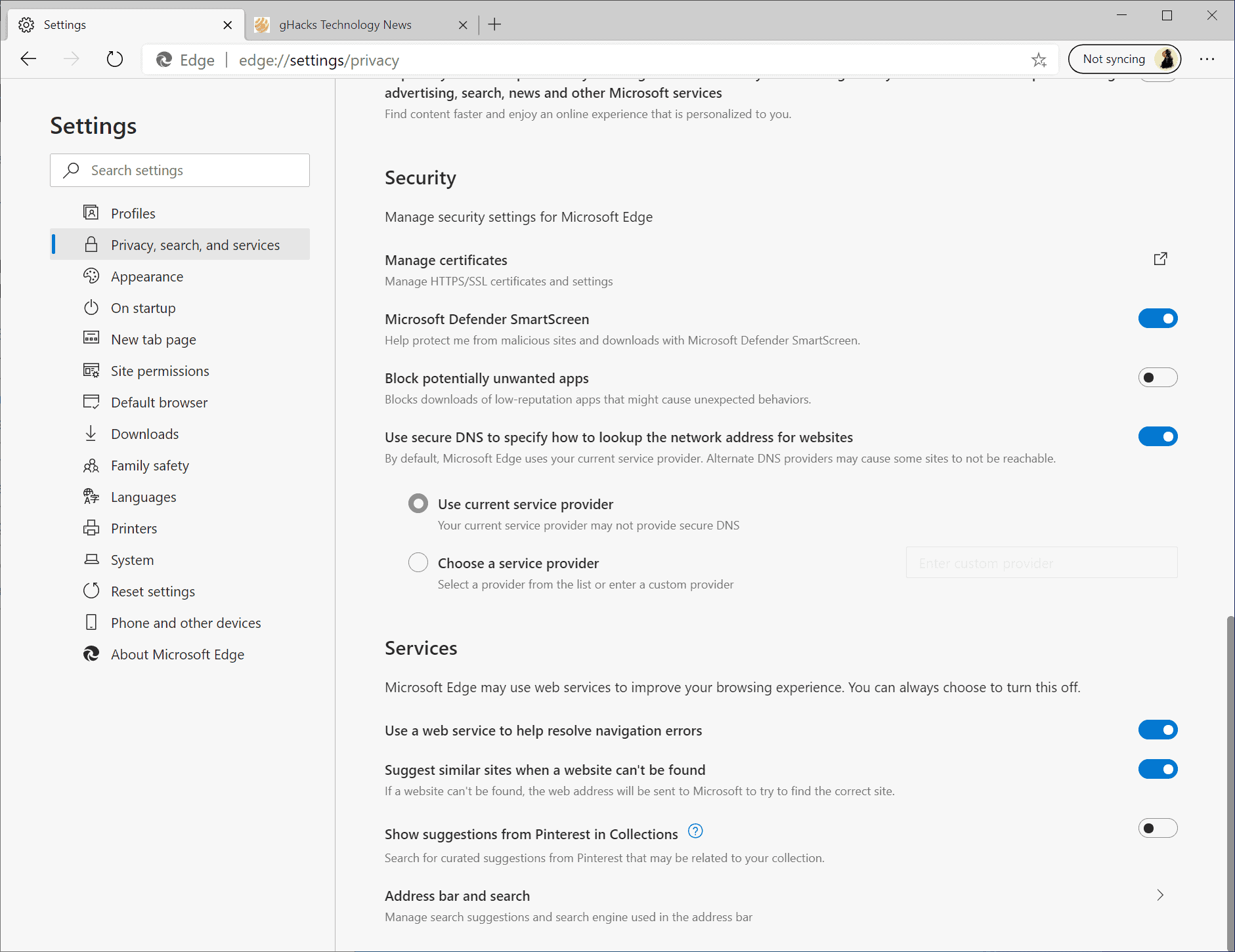 microsoft edge secure dns controls