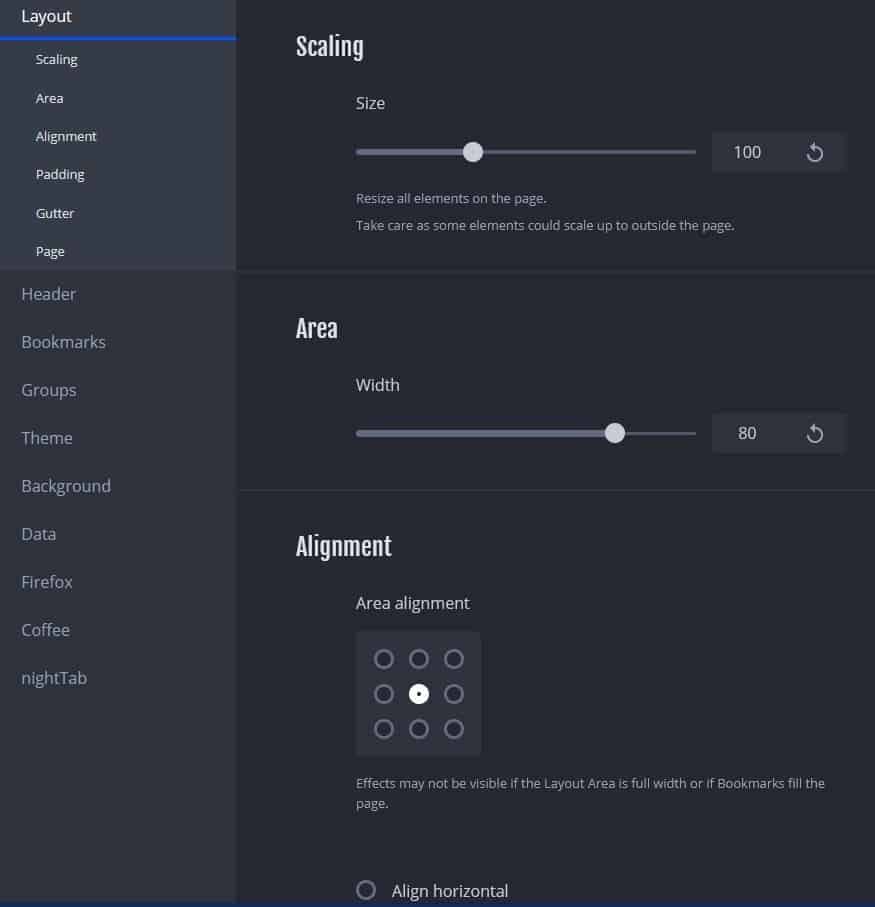 nightTab settings layout