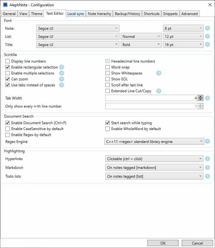 AlephNote Settings Text Editor