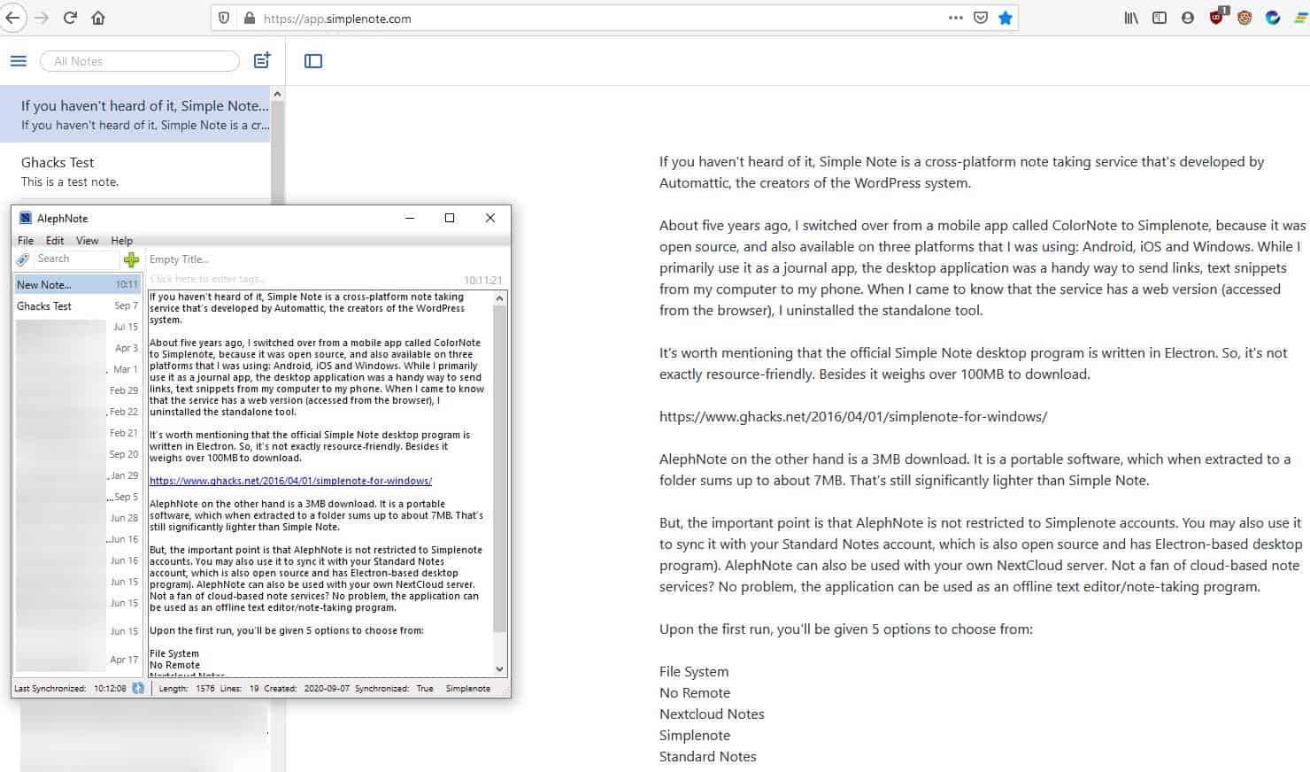 AlephNote is a lightweight client for Simplenote, Standard Notes and also works as an offline note-taking program