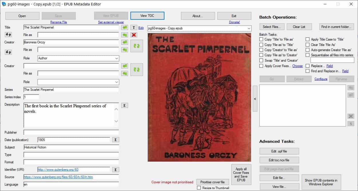 Epub metadata editor advanced options