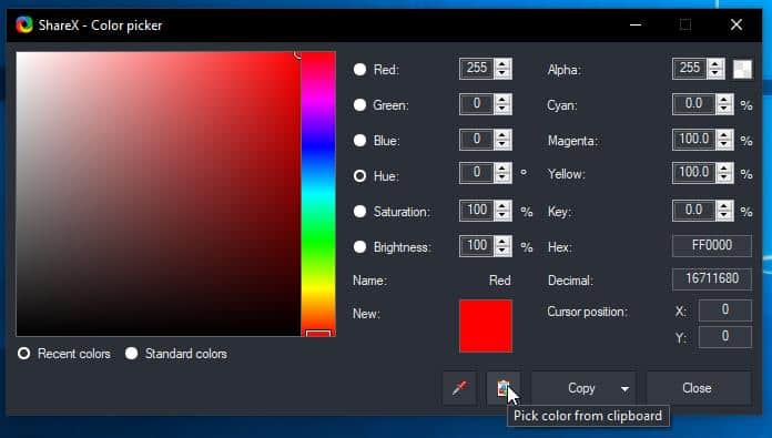 ShareX color picker pick from clipboard