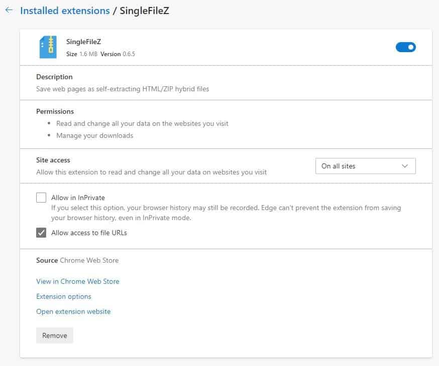 Requisiti dell'estensione di Chrome SingleFileZ 2
