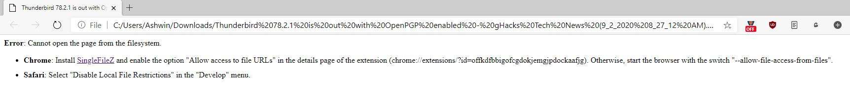 Requisiti dell'estensione di Chrome SingleFileZ