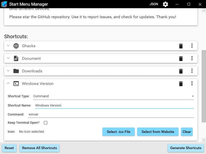 Start Menu Manager command line