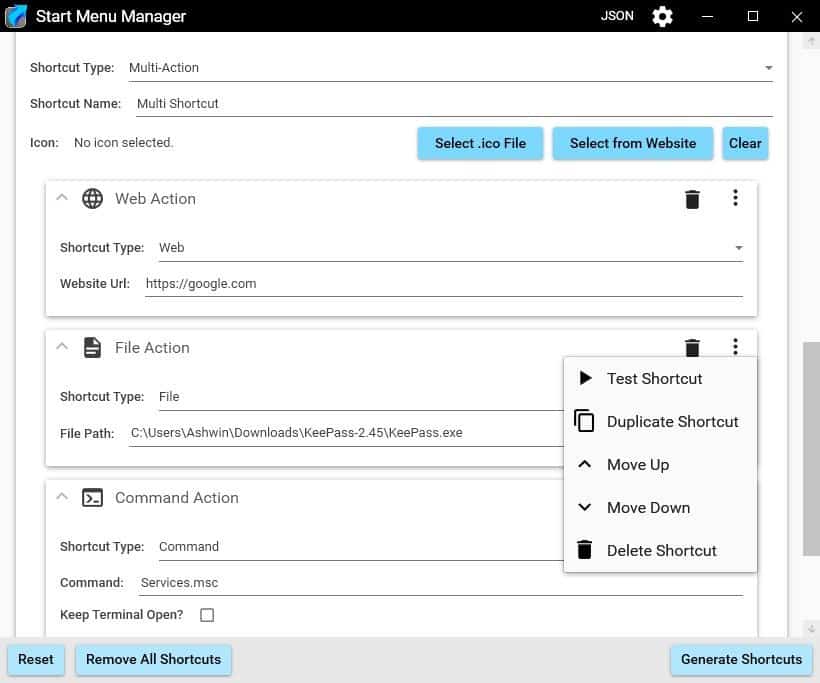 Start Menu Manager shortcut menu