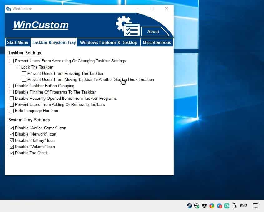 Wincustom system tray icons disabled