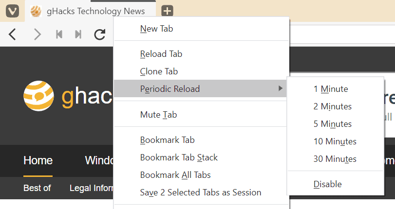 vivaldi periodic reload tab