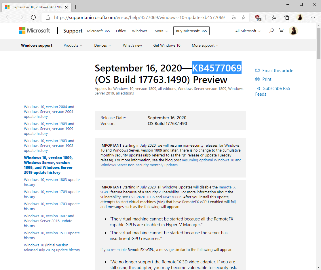 KB4577062 and KB4577069 preview updates for Windows 10 version 1809, 1903 and 1909